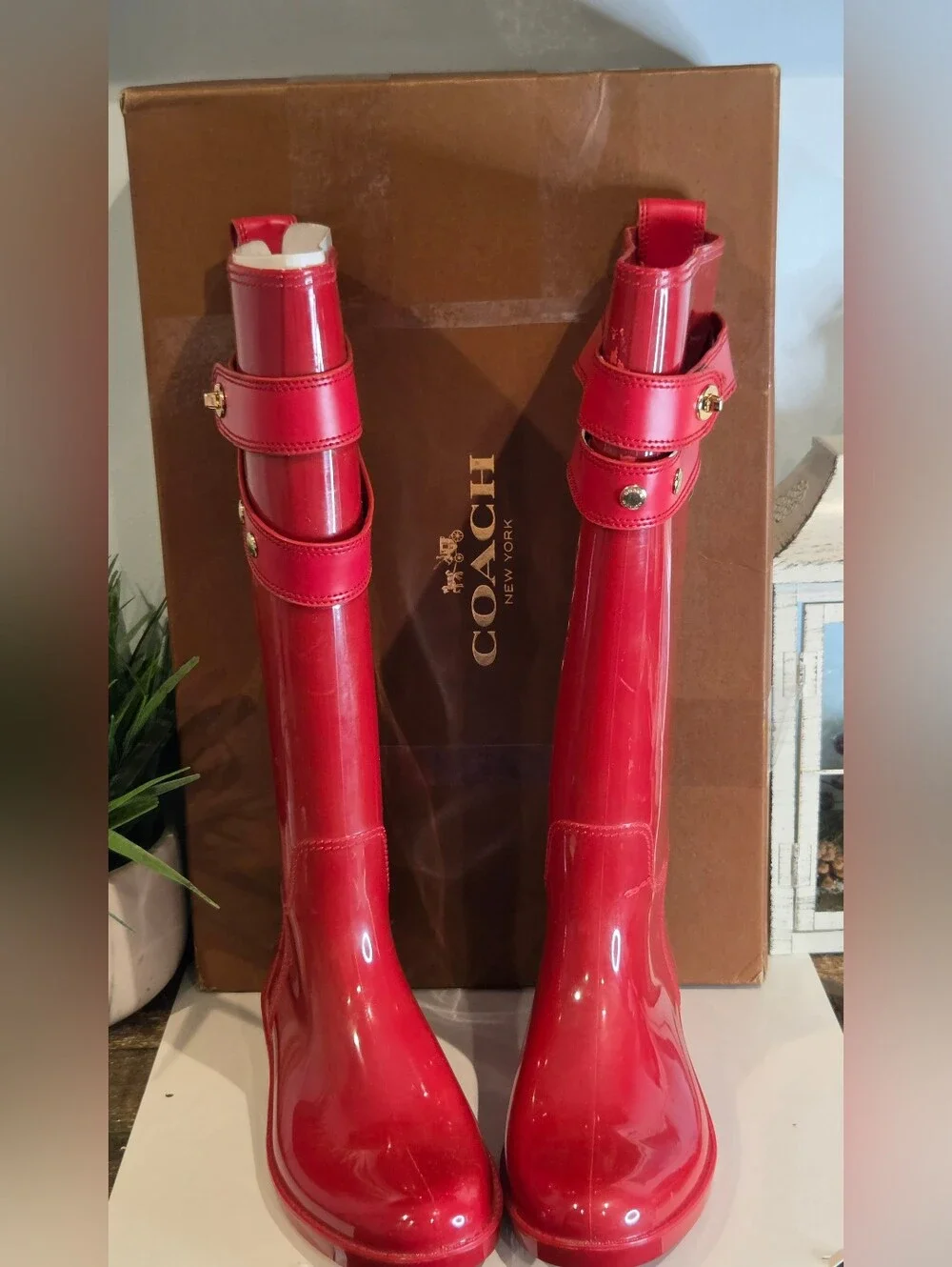 Coach Talia True Red Rain Boots with Gold Hardware